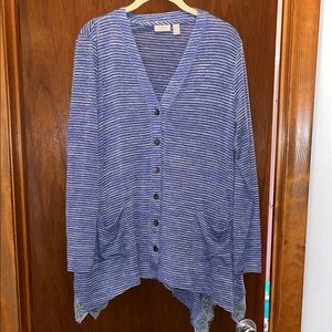 LOGO/ LORI GOLDSTEIN NEW M  BLUE/ WHITE CARDIGAN w CONTRAST SIDE LACE